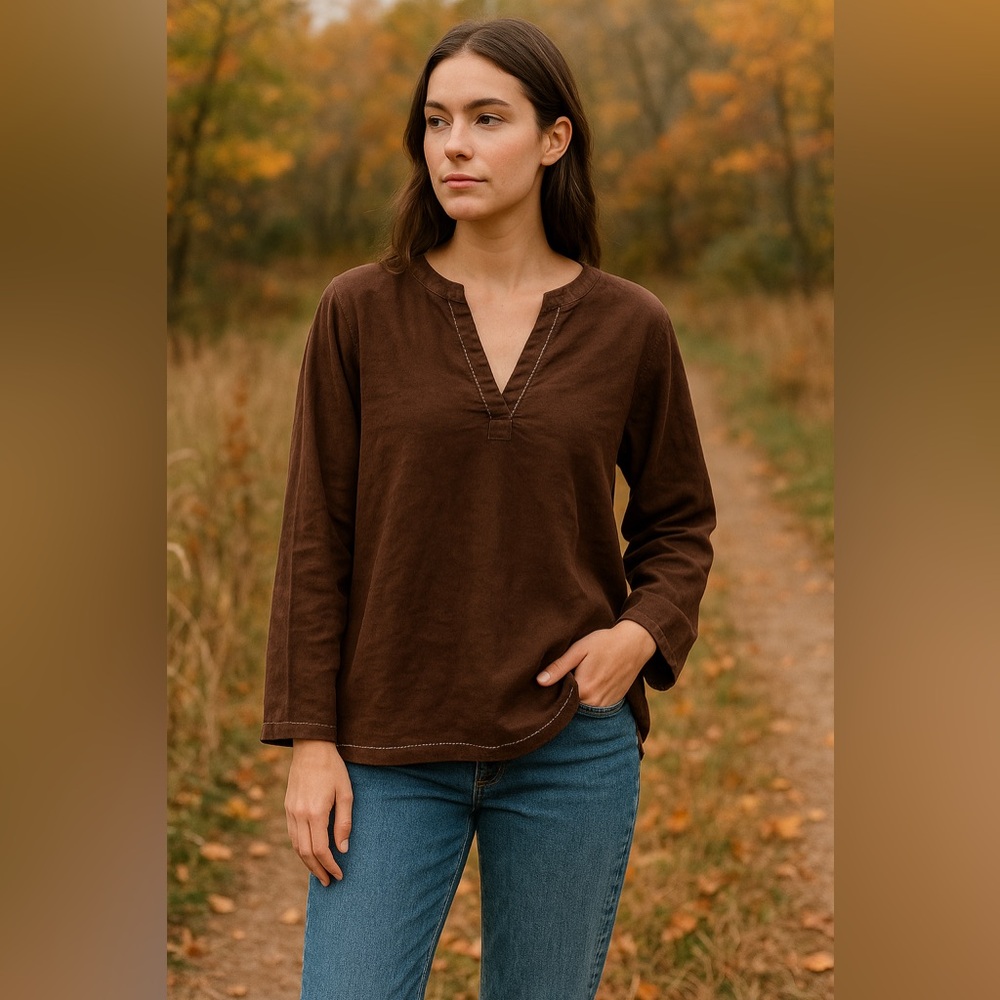 Vintage Old Navy Brown Linen-Blend V-Neck Tunic Top XL